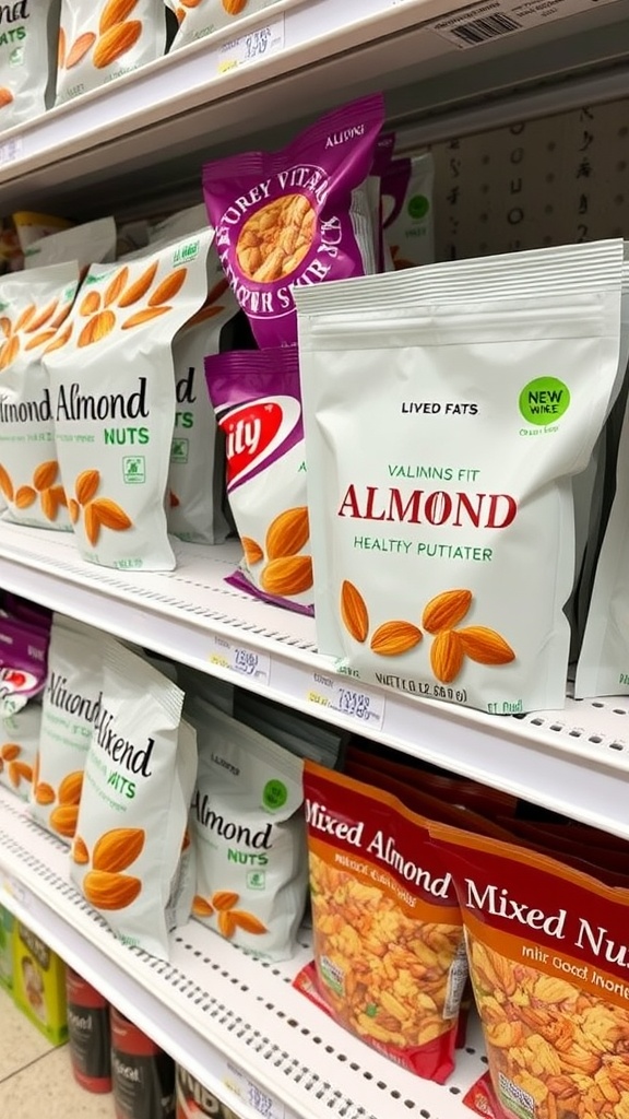 Shelves filled with various packages of almonds and mixed nuts at a convenience store.