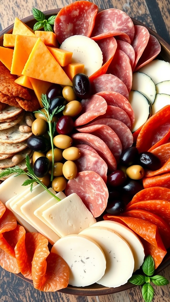 A beautiful antipasto platter featuring assorted meats, cheeses, olives, and fresh vegetables.