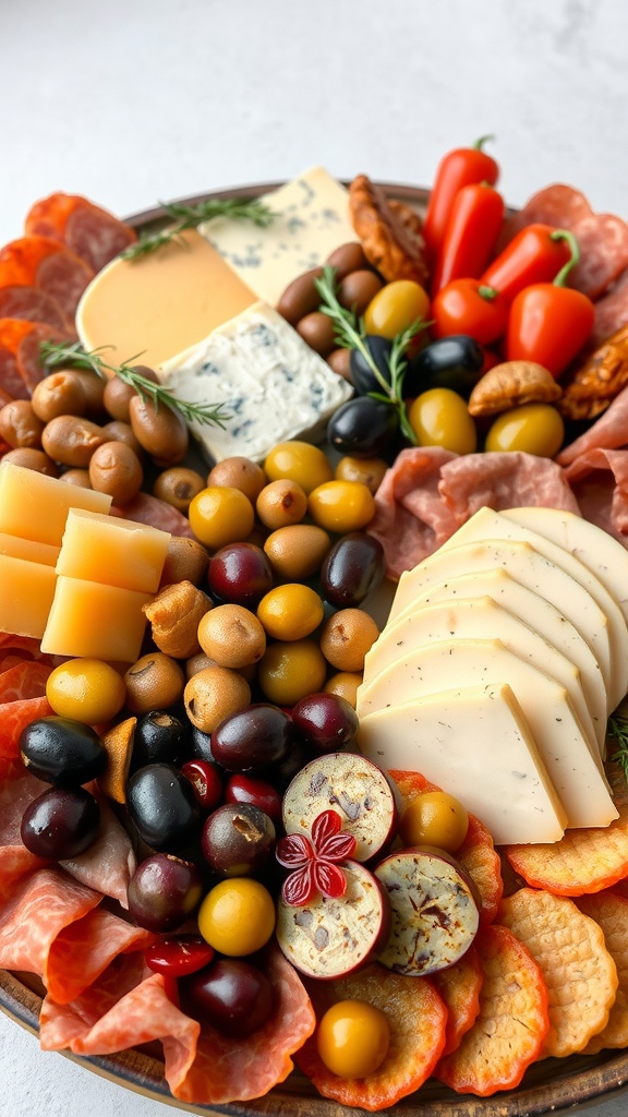 A beautifully arranged antipasto platter featuring various meats, cheeses, olives, and colorful vegetables.