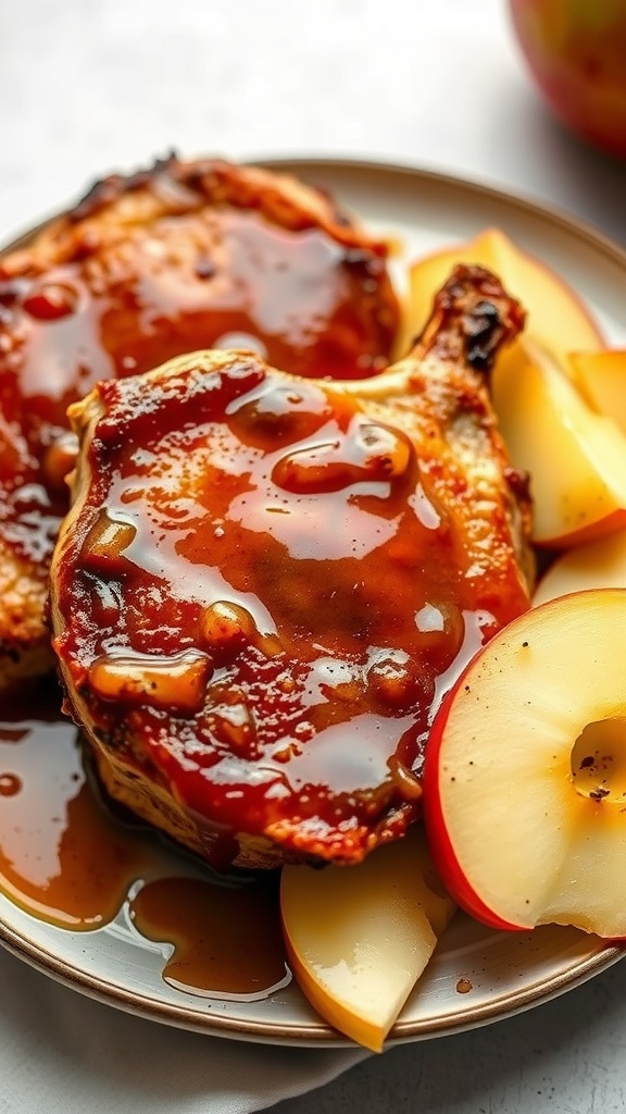 Delicious apple cinnamon pork chops served with apple slices on a plate.