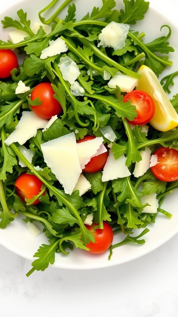 A fresh arugula salad with cherry tomatoes, Parmesan cheese, and lemon.