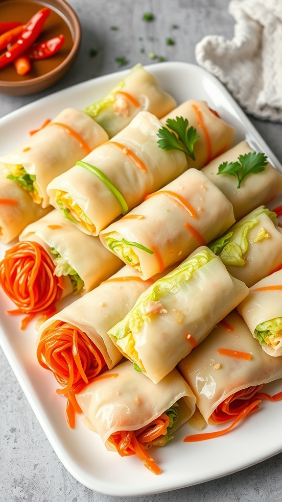 A platter of colorful Asian-inspired cabbage rolls filled with vegetables.