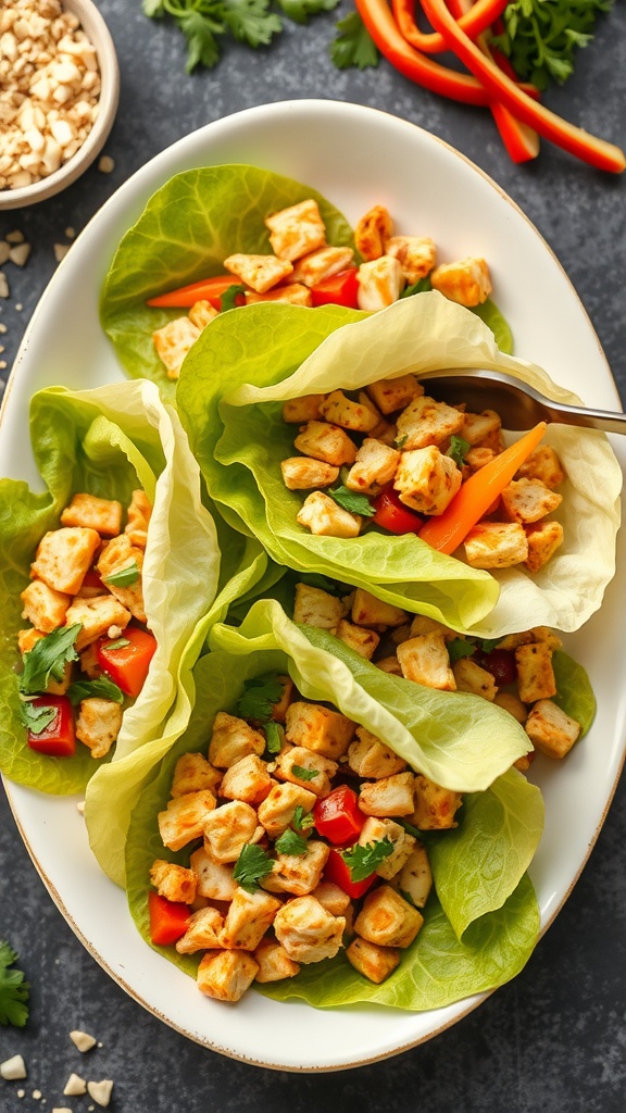 A plate of Asian chicken lettuce wraps filled with diced chicken, bell peppers, and garnished with cilantro.