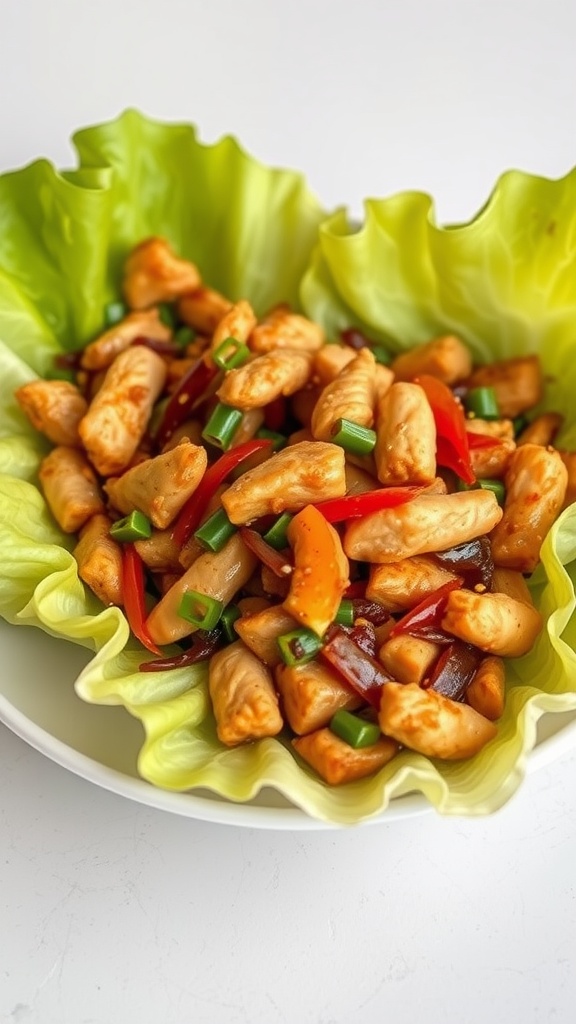 Plate of chicken and vegetables in a lettuce wrap