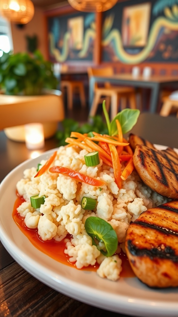 A plate of Asian fusion food with grilled meat, rice, and colorful vegetables.