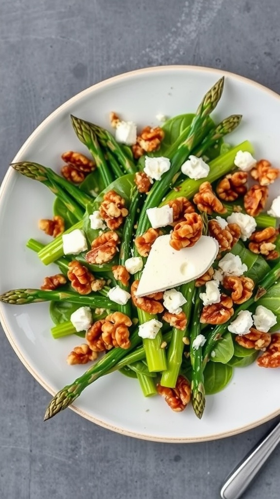 A vibrant asparagus salad topped with walnuts and goat cheese.