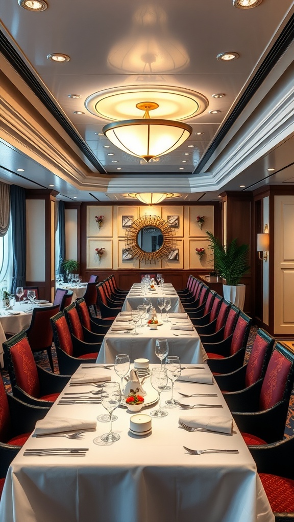 Elegant cruise ship specialty dining room with neatly set tables.