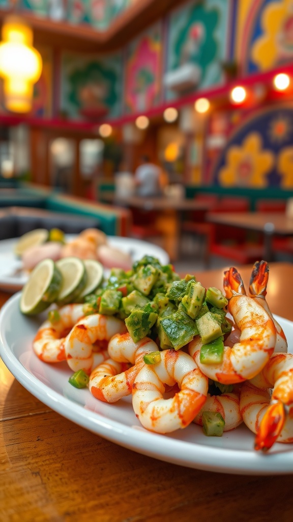 A plate of shrimp topped with avocado salsa, served with lime wedges.