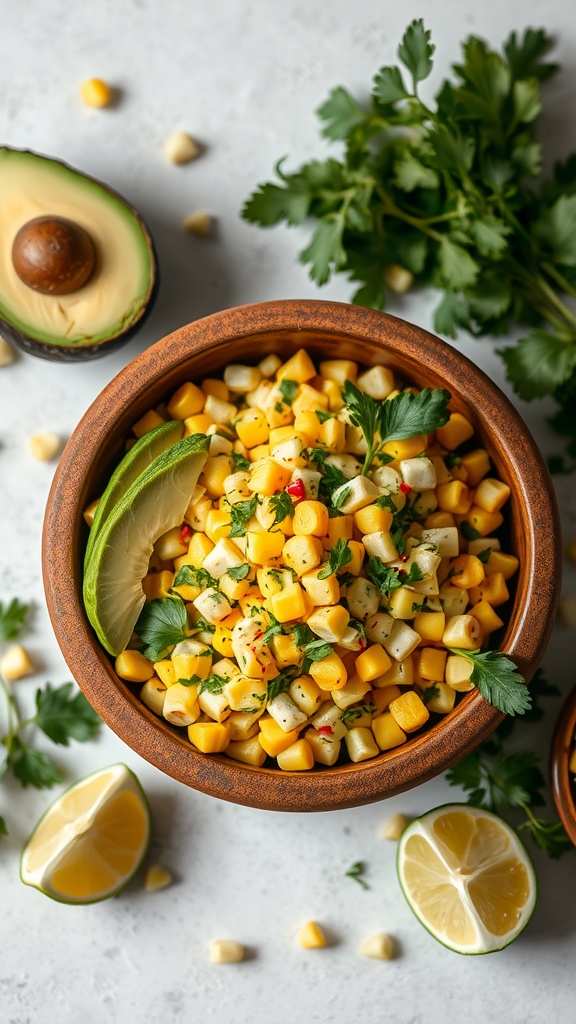 A vibrant avocado-corn salad in a wooden bowl, surrounded by lime wedges and fresh cilantro.