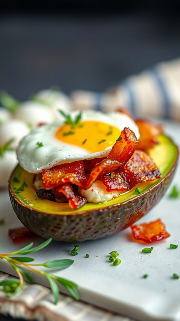 Avocado halves with eggs and bacon on a plate