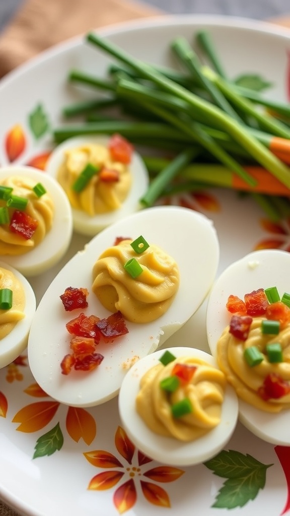Avocado and Bacon Deviled Eggs on a colorful plate with green onions.