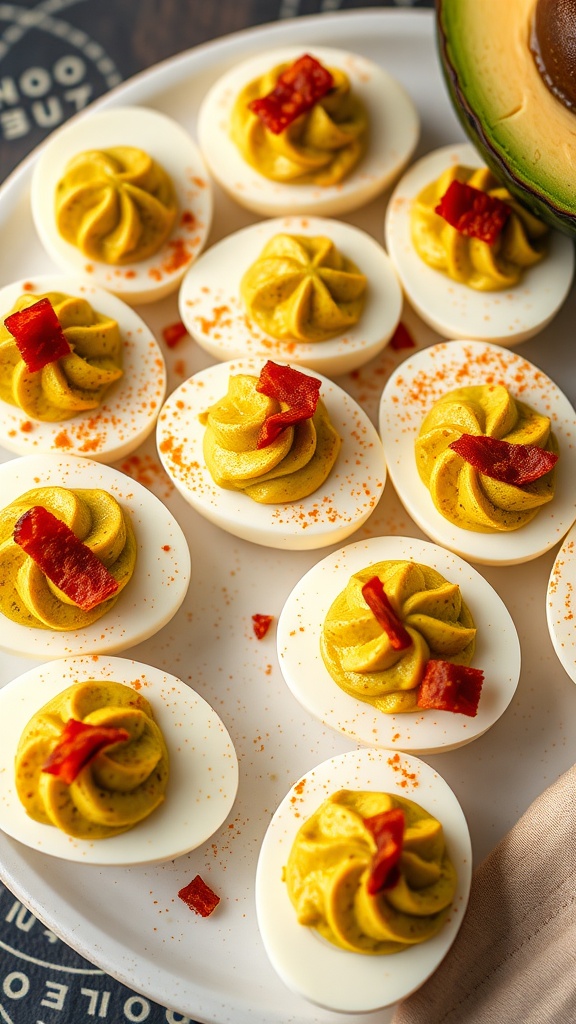 A plate of deviled eggs topped with avocado and bacon