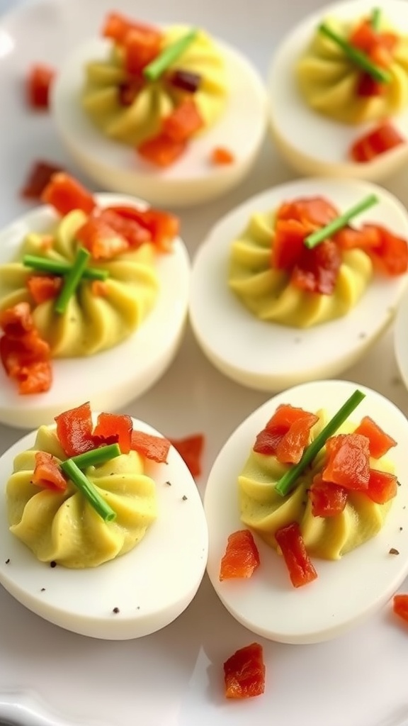 Avocado and Bacon Deviled Eggs topped with bacon and chives on a plate.