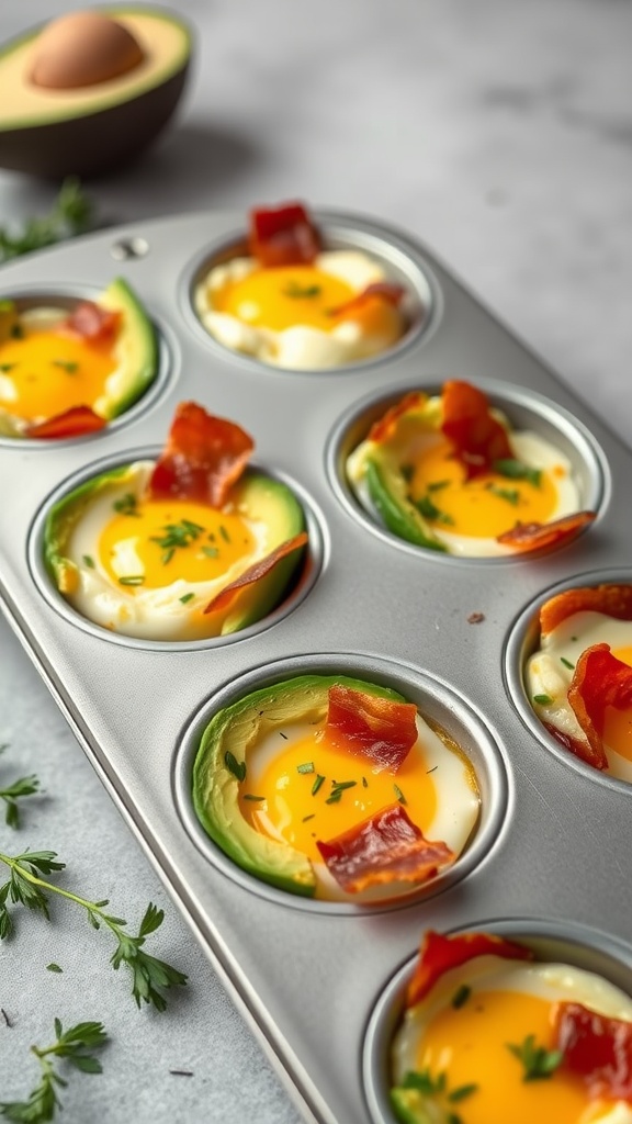 Avocado and bacon egg cups with fresh parsley on a wooden table.