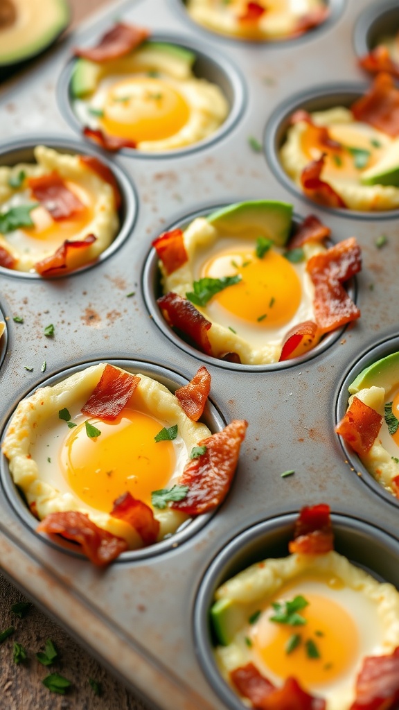 Avocado and bacon egg cups in a muffin tray, with eggs and herbs