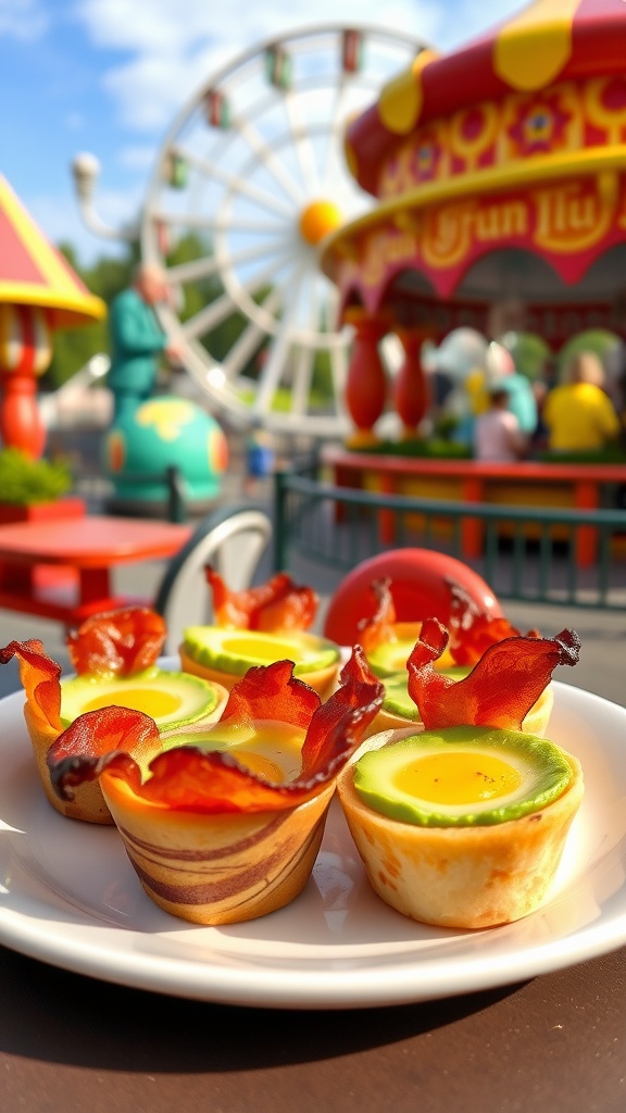 A plate of avocado and bacon egg cups in a theme park setting