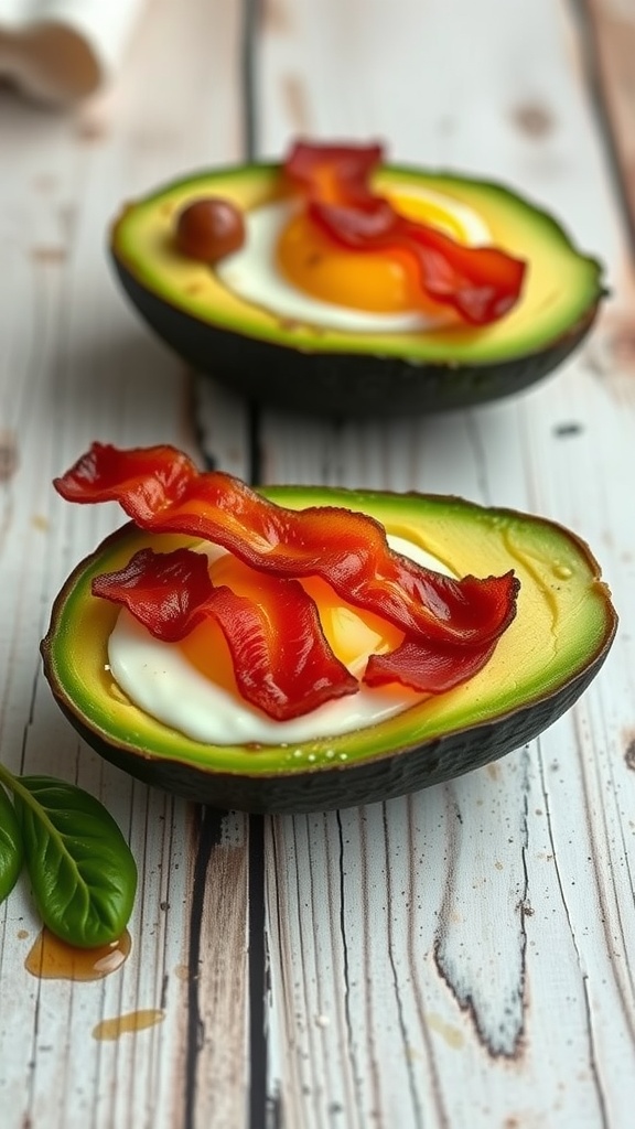 Avocado halves filled with eggs and topped with crispy bacon