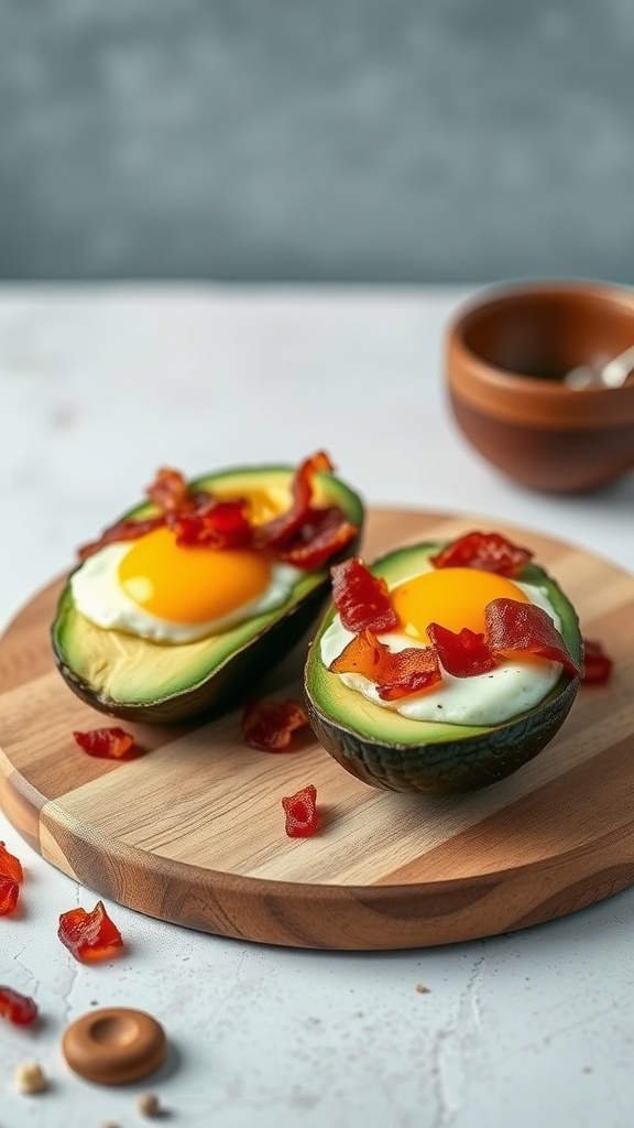 Avocado halves filled with eggs and topped with bacon on a wooden board.