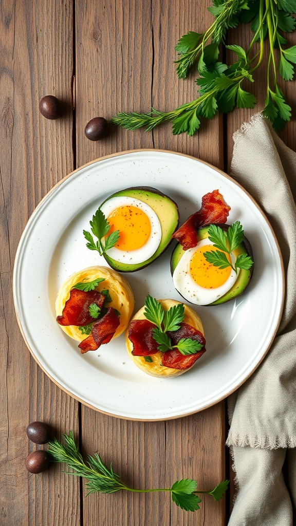 A plate of avocado and bacon egg cups garnished with parsley on a wooden table.