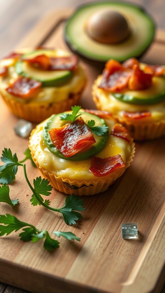 Three avocado and bacon egg muffins on a wooden cutting board.