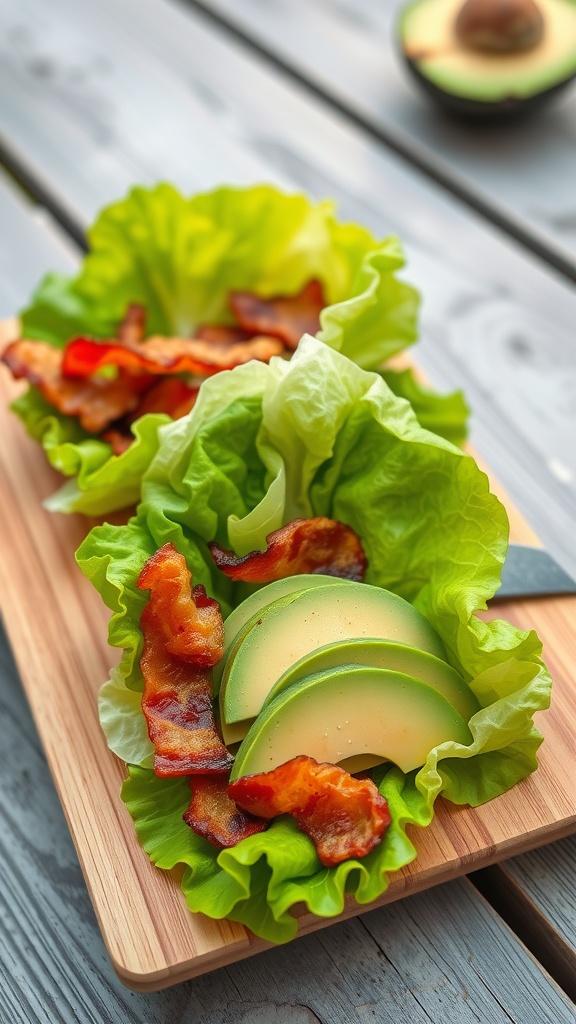 Lettuce wraps filled with bacon and avocado slices on a wooden board.