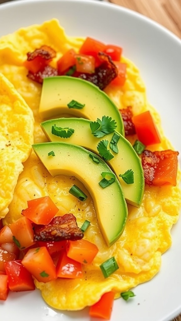 A delicious avocado and bacon omelette served with diced tomatoes and herbs.