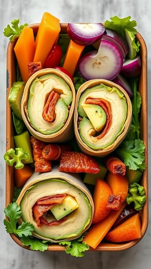 A bento box filled with avocado and bacon roll-ups, cheese, and colorful vegetables.