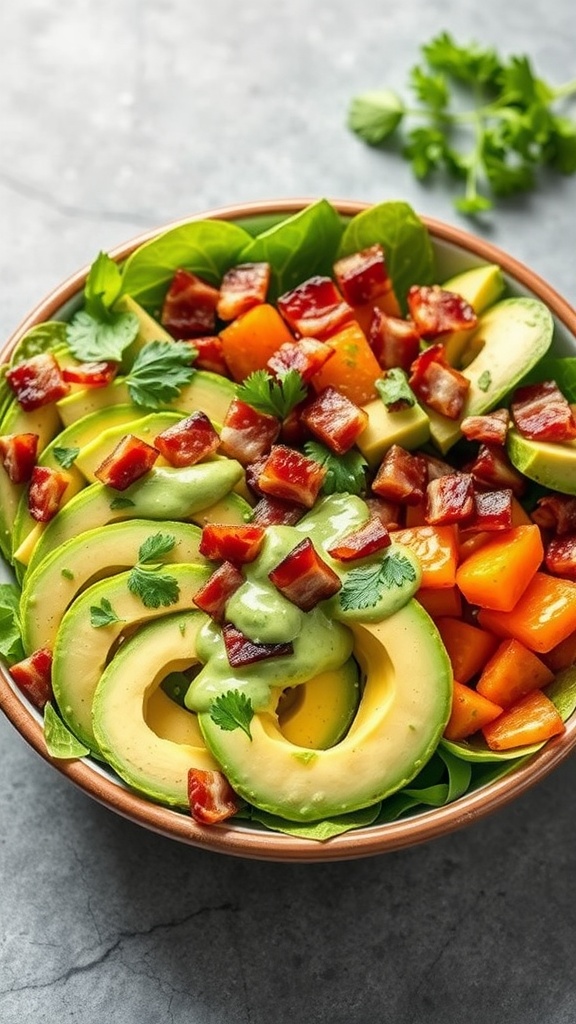 A fresh salad with avocado slices, crispy bacon, and greens in a bowl