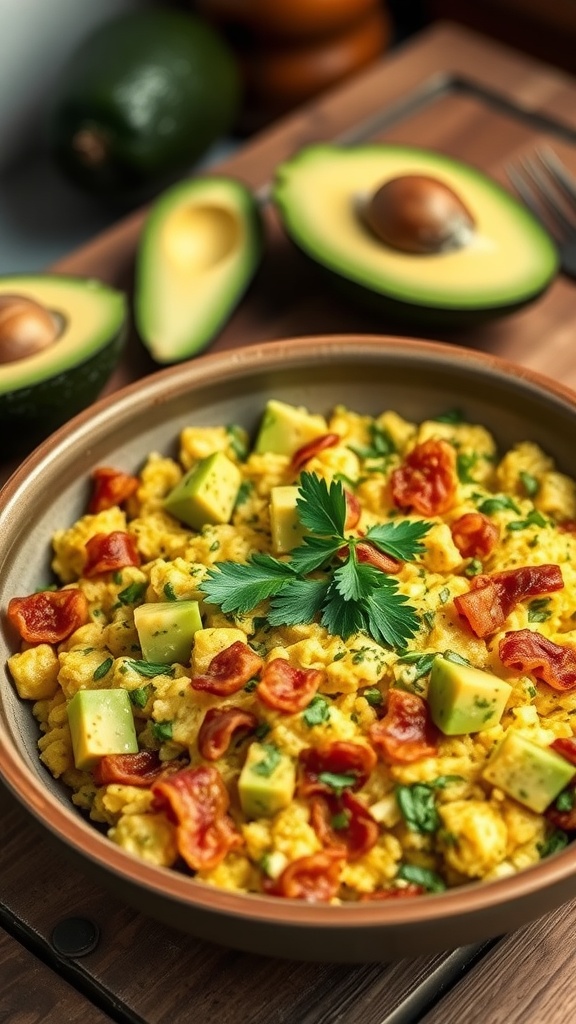 A bowl of avocado and bacon scramble with diced avocado and crispy bacon on top.