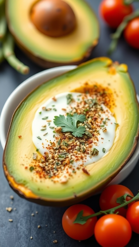 A bowl filled with avocado slices, cheese, vegetables, and a sunny-side-up egg, garnished with chives and spices.