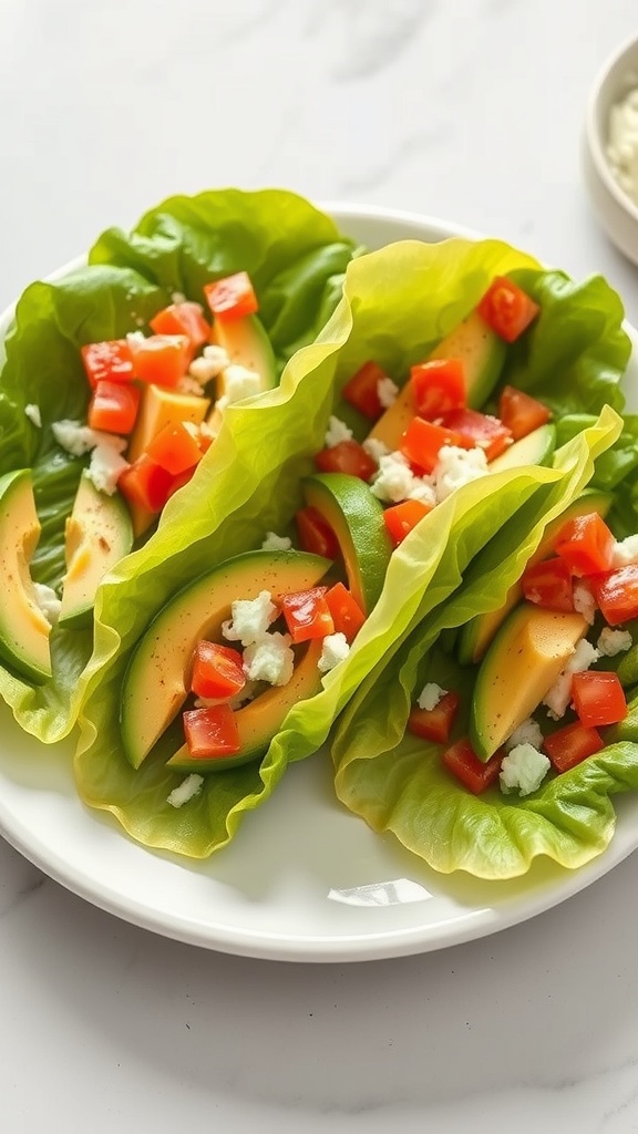 Lettuce wraps filled with avocado, cheese, and diced tomatoes.