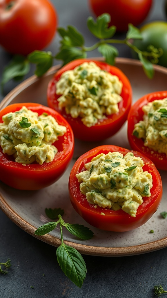 Avocado and cheese stuffed tomatoes on a plate.