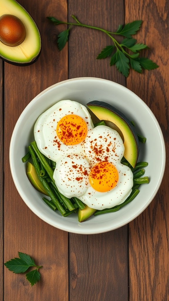 A bowl with poached eggs on green beans and avocado slices, garnished with spices.