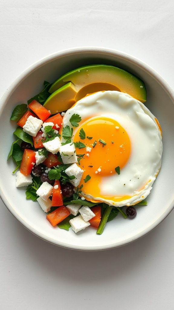 A bowl filled with avocado slices, a sunny-side-up egg, diced peppers, lettuce, feta cheese, and black olives.