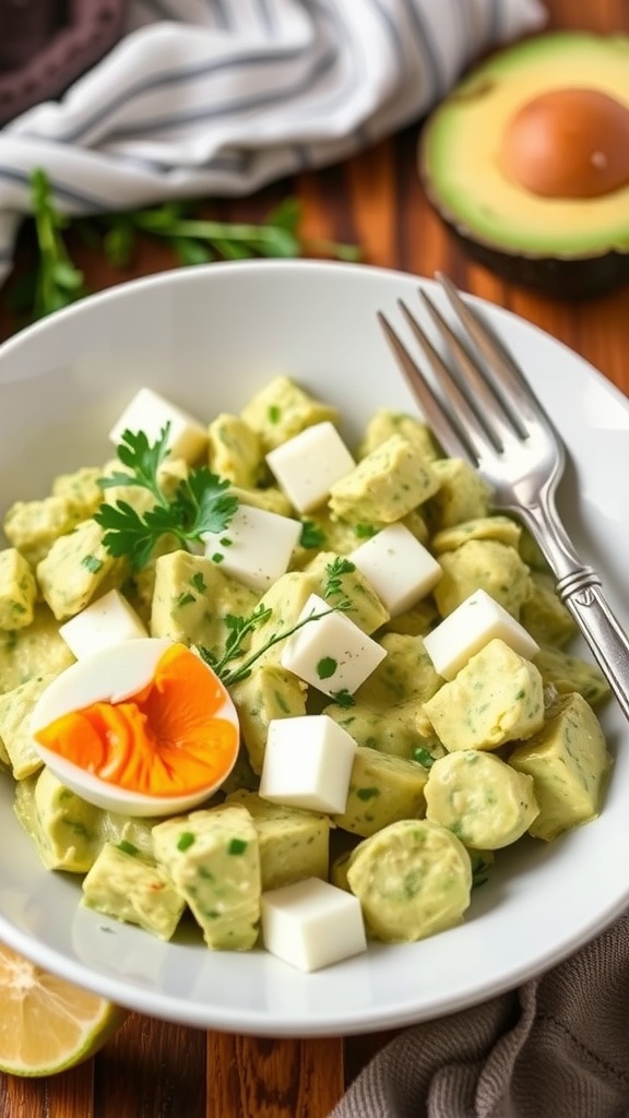 A bowl of avocado and egg salad with slices of egg and cubes of cheese on top.