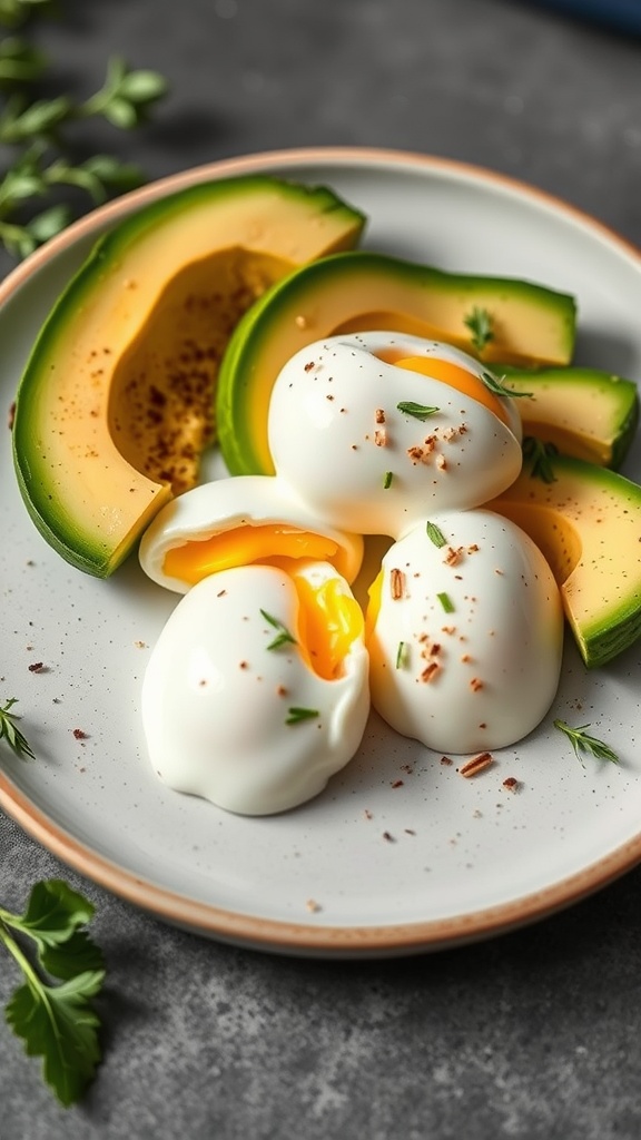 A plate with sliced avocado and soft-boiled eggs, garnished with herbs.