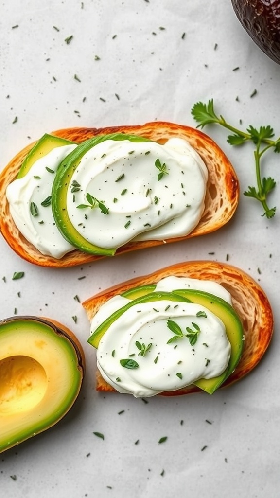 Avocado and Greek yogurt spread on toasted keto bread topped with green herbs.