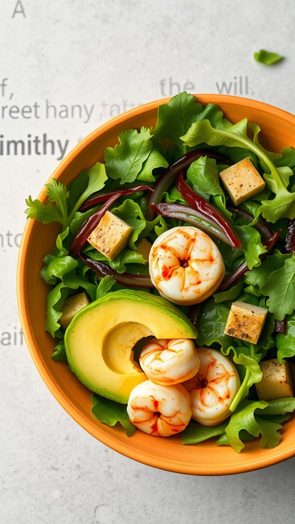 A colorful bowl of avocado and grilled shrimp salad with greens and cubes of tofu.