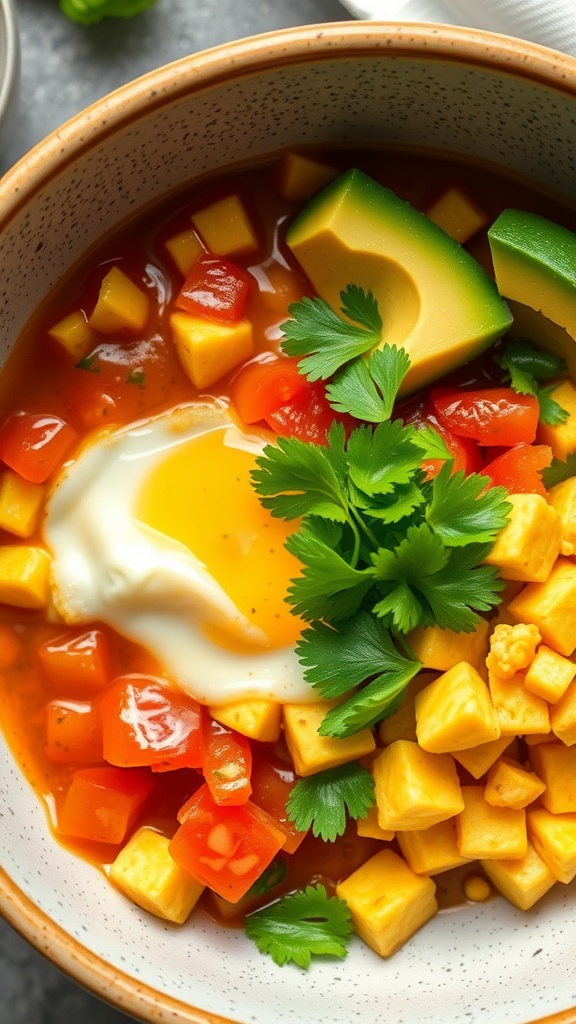 A bowl containing avocado, diced tomatoes, a cooked egg, and cilantro.