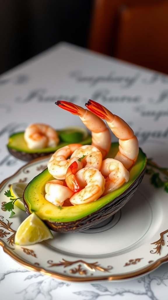 A beautiful avocado filled with shrimp, garnished with lime on a decorative plate.