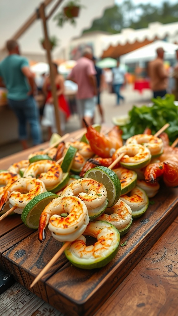 Grilled avocado and shrimp skewers on a wooden platter