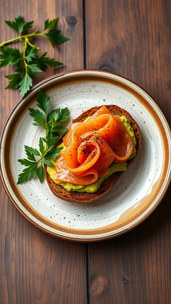 A plate with avocado and smoked salmon on toast, garnished with parsley.