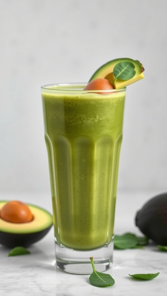 A green smoothie in a tall glass with avocado slices and spinach leaves around it.