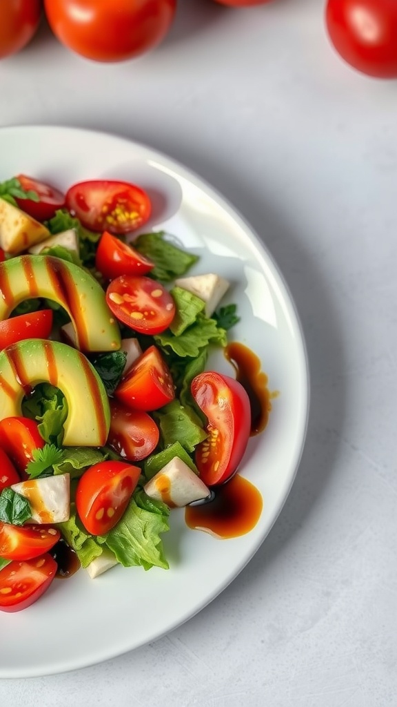 A fresh salad with avocado, tomatoes, and greens, drizzled with balsamic glaze.