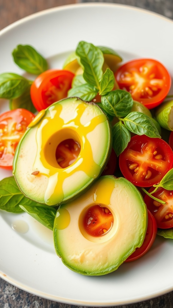 A plate of avocado and tomato salad with basil leaves.