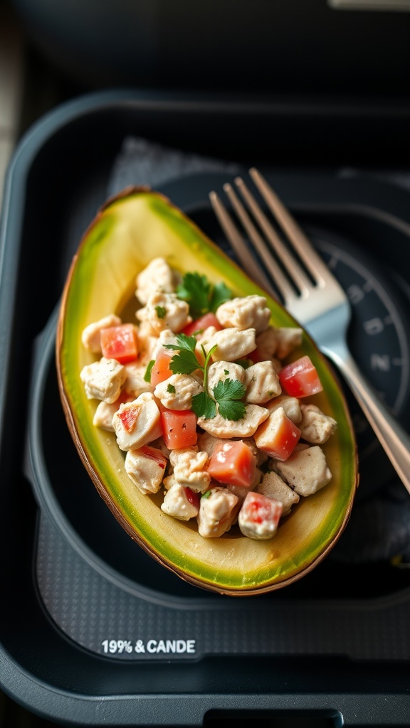 A delicious avocado and tuna salad served in an avocado shell with diced tomatoes and cilantro.
