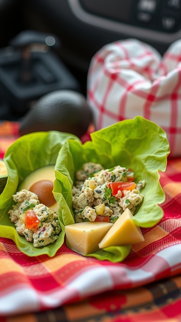 Lettuce wraps filled with avocado and tuna salad, with cheese and an avocado on the side.