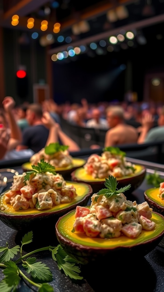 Avocado boats with tuna filling served at a concert venue.