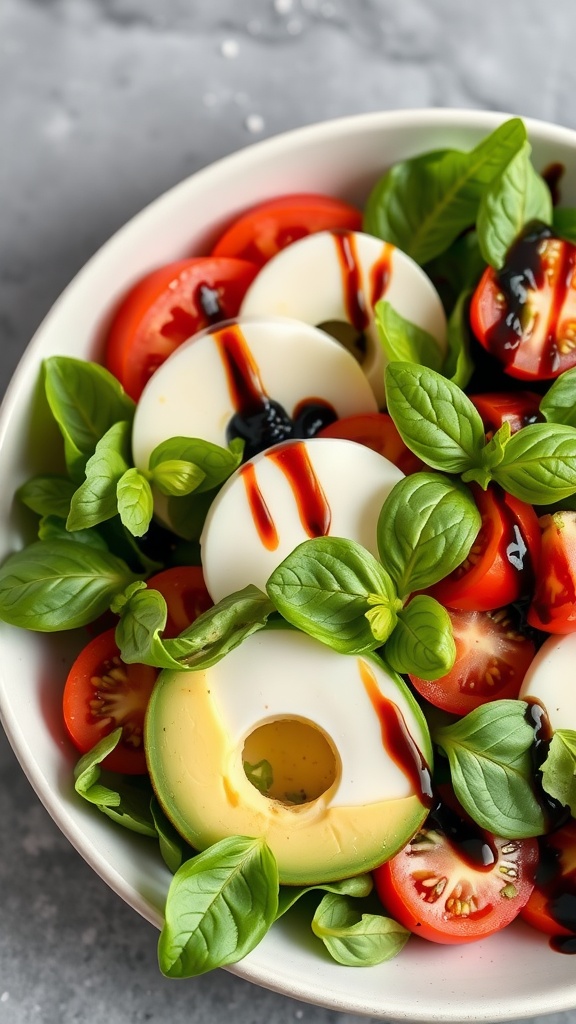 A bowl of Avocado Caprese Salad with sliced avocados, tomatoes, and basil.