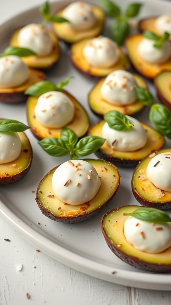 Avocado halves topped with mozzarella and basil on a plate.